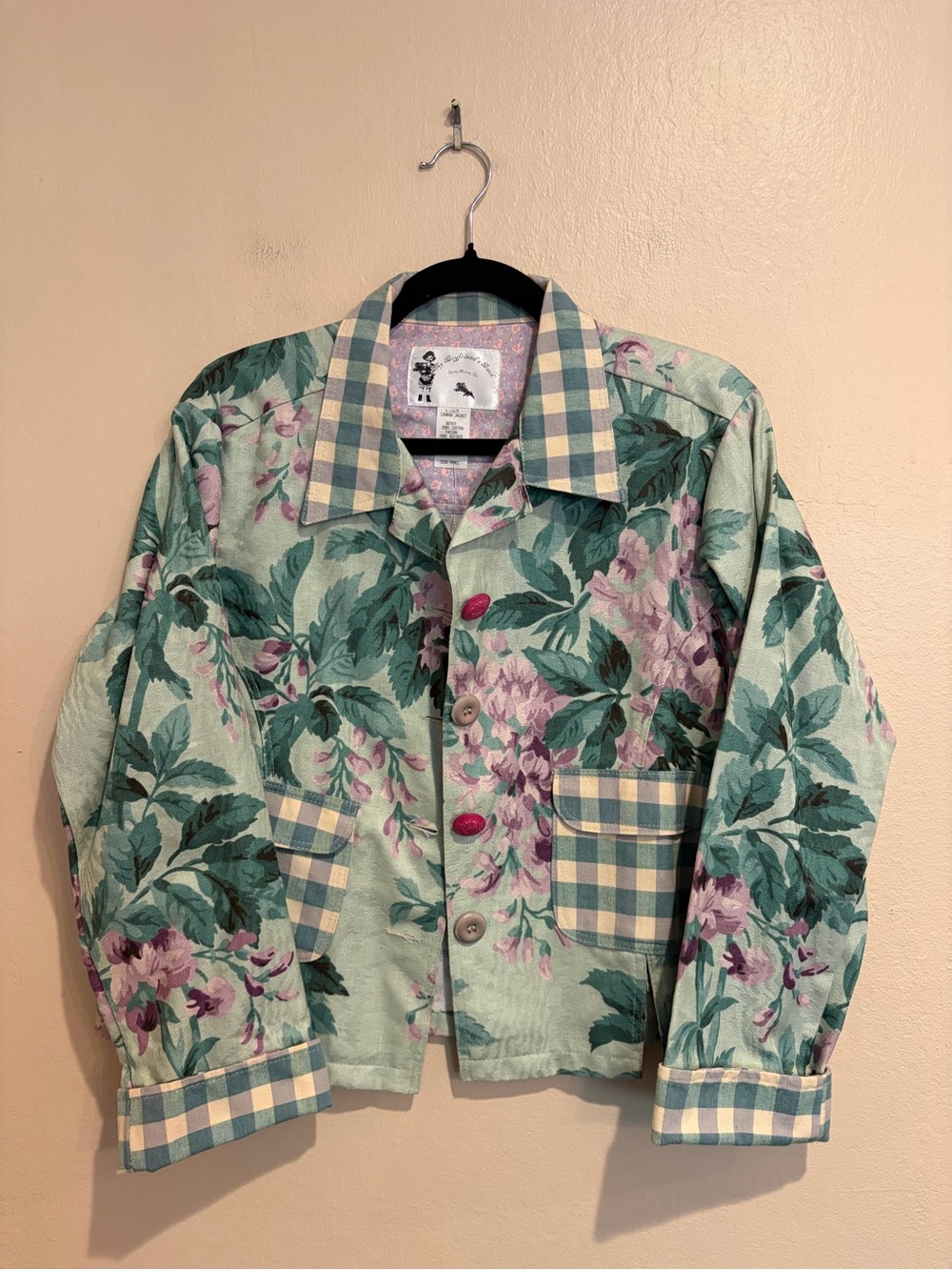 Spring Floral Mint Green Cotton Jacket, w/ Plaid Accents, Garden Whimsical Vibes